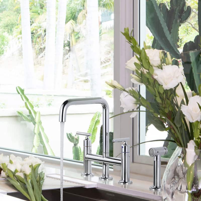 WOWOW Double Handle Bridge Kitchen Faucet with Side Sprayer