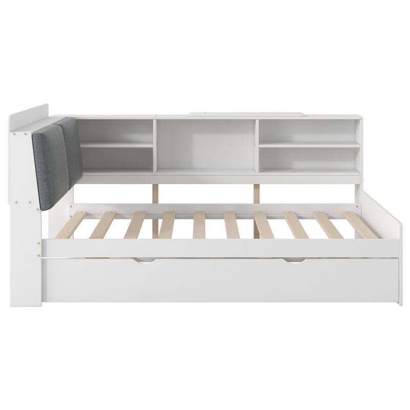 Wood Platform Bed with Trundle, Shelves and Storage Headboard