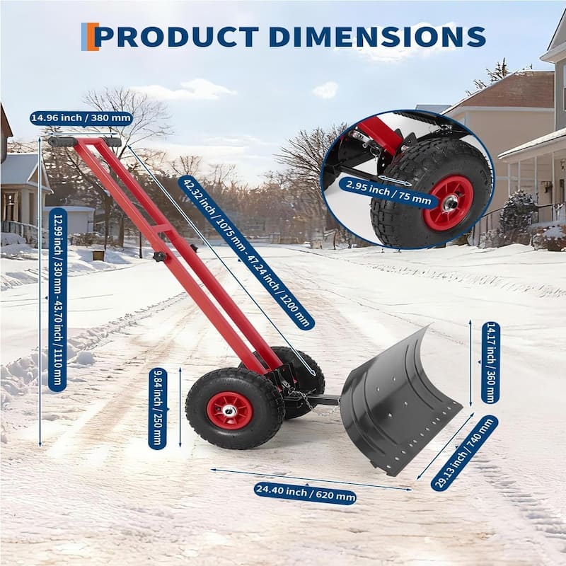 29x14 In Heavy Duty Rolling Snow Shovel With Wheels Double Armrests - 29x14 In