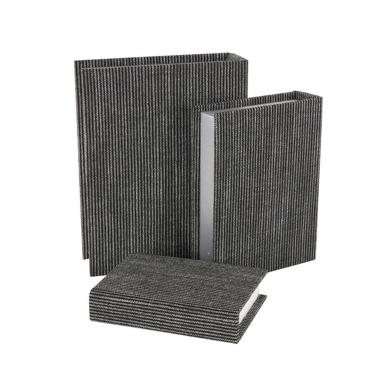 Linen Fabric Striped Faux Book Storage Box with White Accents - Set of 3 - Roche River Decor