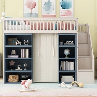 Full Size Loft Bed with 2 Four-layer Storage Cabinets and Curtain,White+Blue