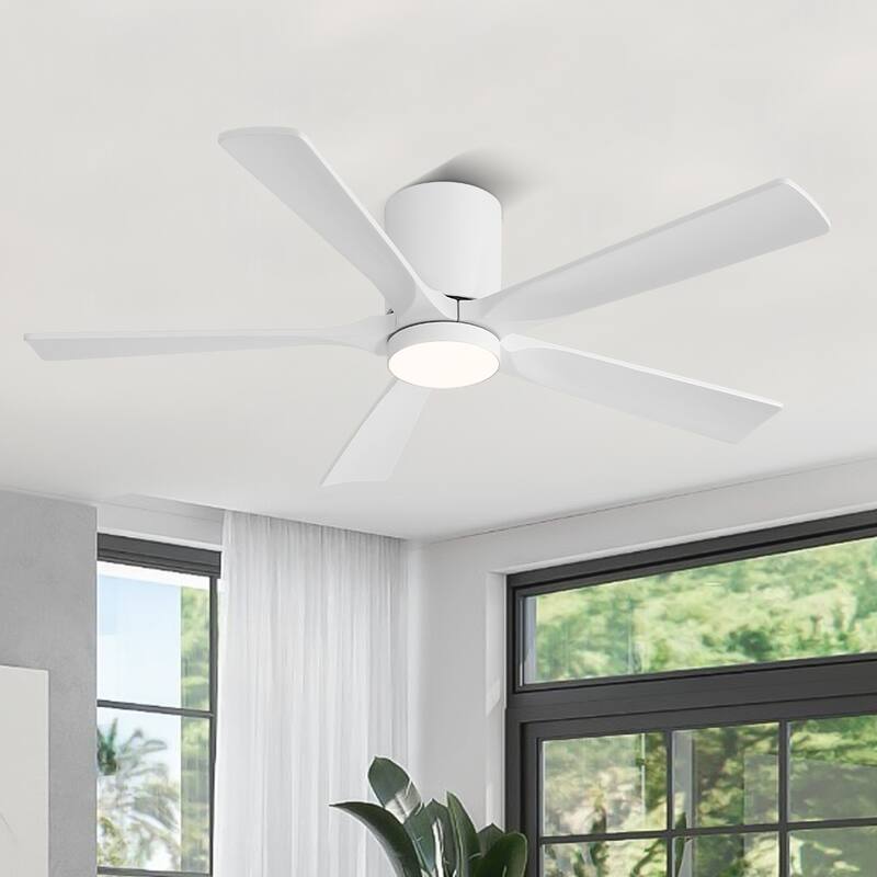 WINGBO 52" Solid Wood DC Motor Integrated LED Hugger Ceiling Fan with Remote - White