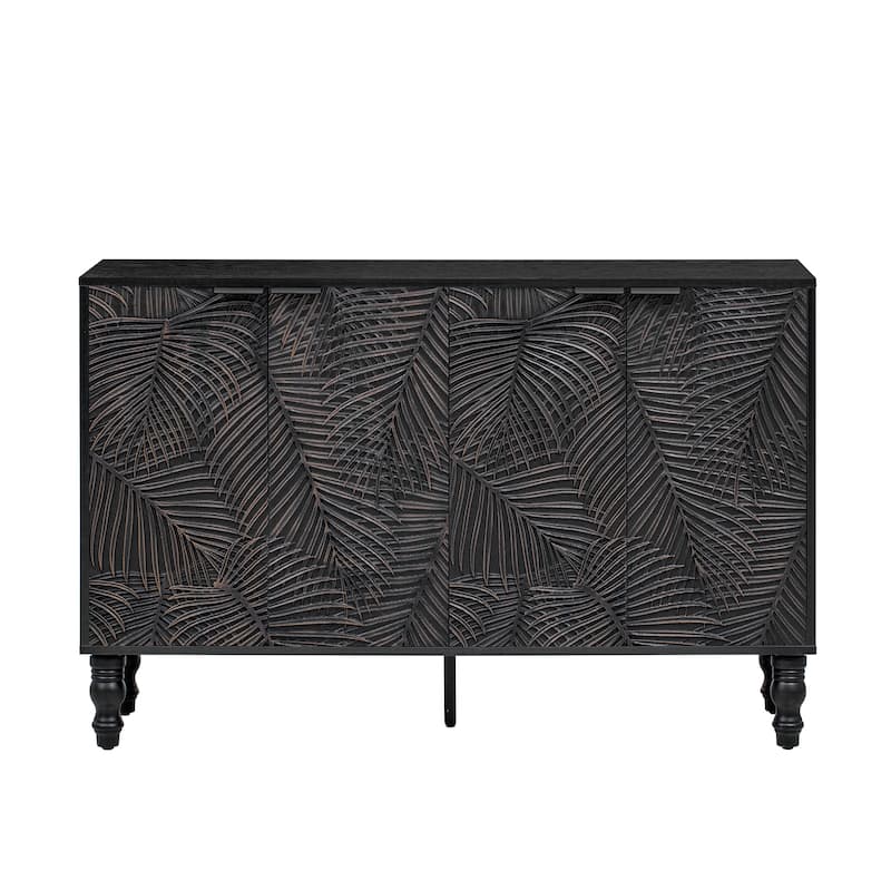 TV Stand with Leaf-Textured Cabinet Doors, Entertainment Center with Adjustable Shelves, Media Console with Wood Legs
