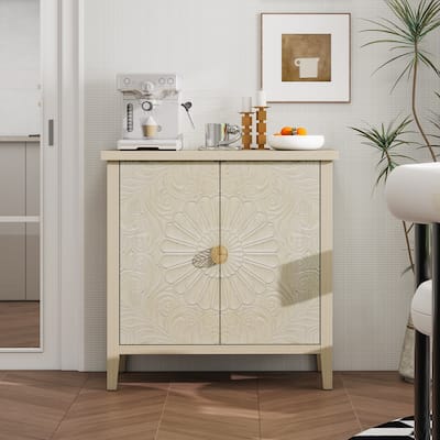 Roomfitters Accent Cabinet, Carved 2 Door Storage Cabinet Buffet Sideboard with Adjustable Shelf, Natural