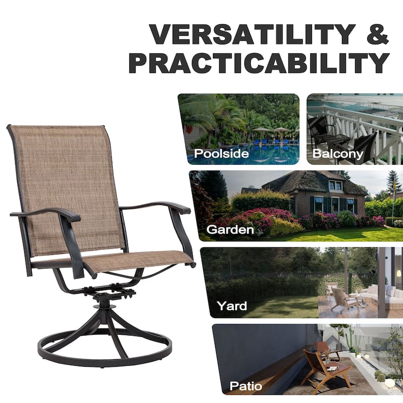 Brown Swivel Textilene and Iron Outdoor Patio Chairs with Powder-coated Finish