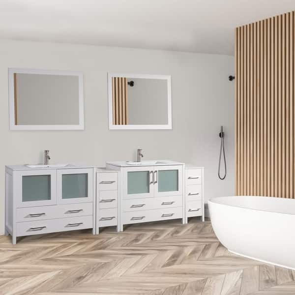 slide 1 of 23, Vanity Art 96" Double Sink Bathroom Vanity Set 10 Dove-Tailed Drawers, 3 Cabinets, 2 Shelves Soft-Closing Doors with Free Mirror White