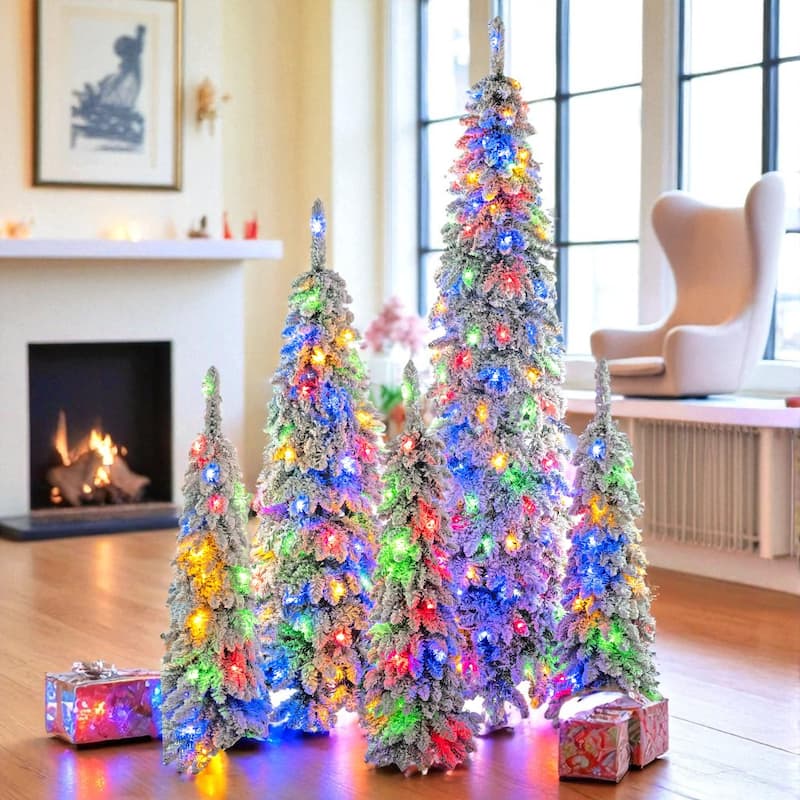 5-Piece Pre-Lit Pencil Christmas Tree Set, Snow Flocked Slim Xmas Trees with 350 LED Lights and 1820 Tips