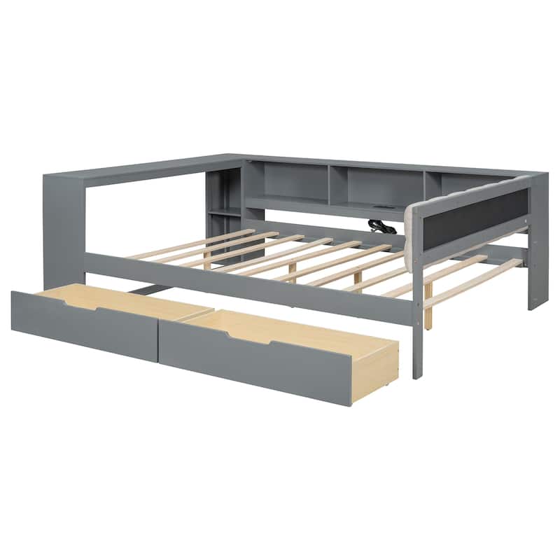 Wood Full Size Upholstered Headboard Platform Bed with Storage Shelves Drawers and Charging Station