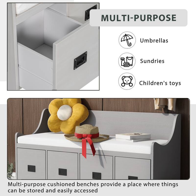 Movable Cushion Storage Bench With Drawers And Backrest Shoe Bench Bench With Removable Cushion