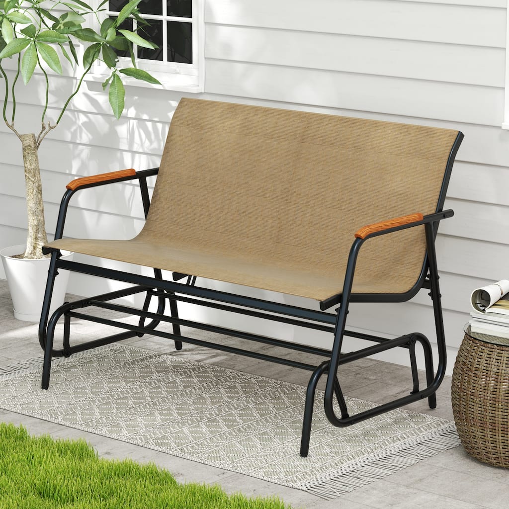 Black Brown Metal Glider Bench with Teak Armrests and 2-Person Seat - 29" L x 45" W x 33" H