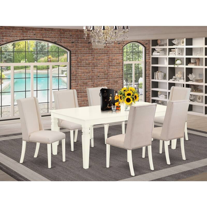 7-Piece Dining Room Table Set - Rectangular Table with 6 Parson Chairs - Linen White & Dark Khaki Finish - 84