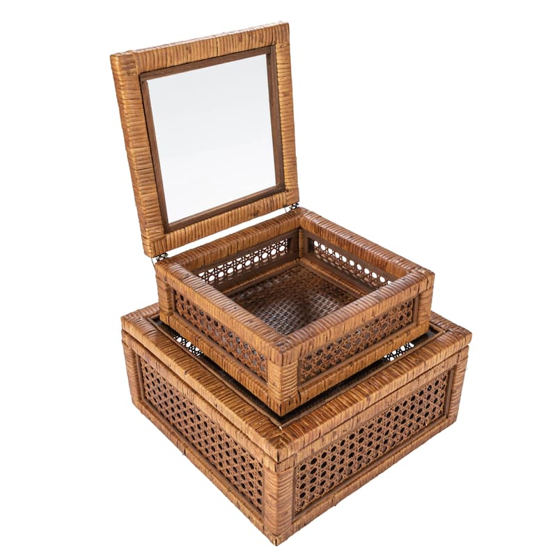 Woven Wood and Rattan Display Boxes with Glass Lids