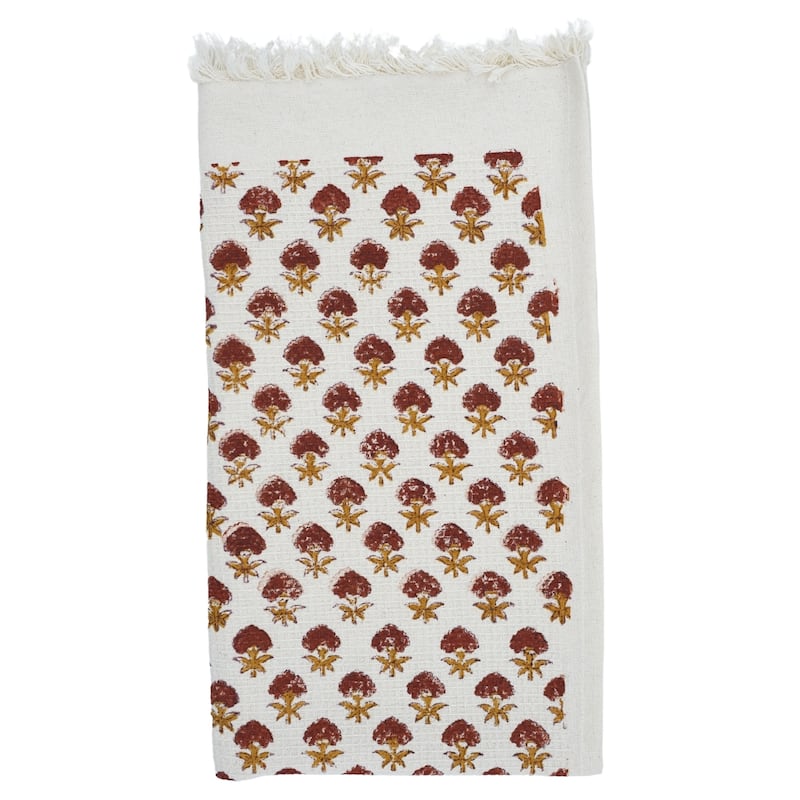 Fabdivine Honeycomb or Waffle Weave Hand Block Floral Print Hand Towel, Kitchen Gift Use