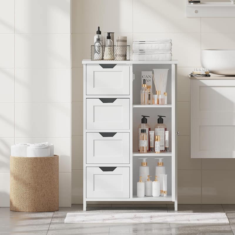 Bathroom Storage Cabinet with 4 Drawers and 1 Door, Freestanding Wooden Floor Organizer, Storage Cabinet for Small Spaces