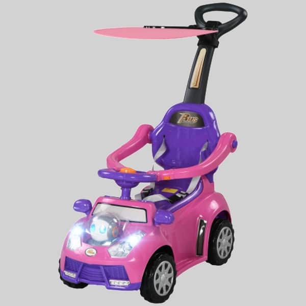 slide 2 of 2, Baby Push Car for 1-3 Years, 3-in-1 Ride-On Car with Removable Handle, Music, Safety Fence, Canopy for Boys and Girls Pink