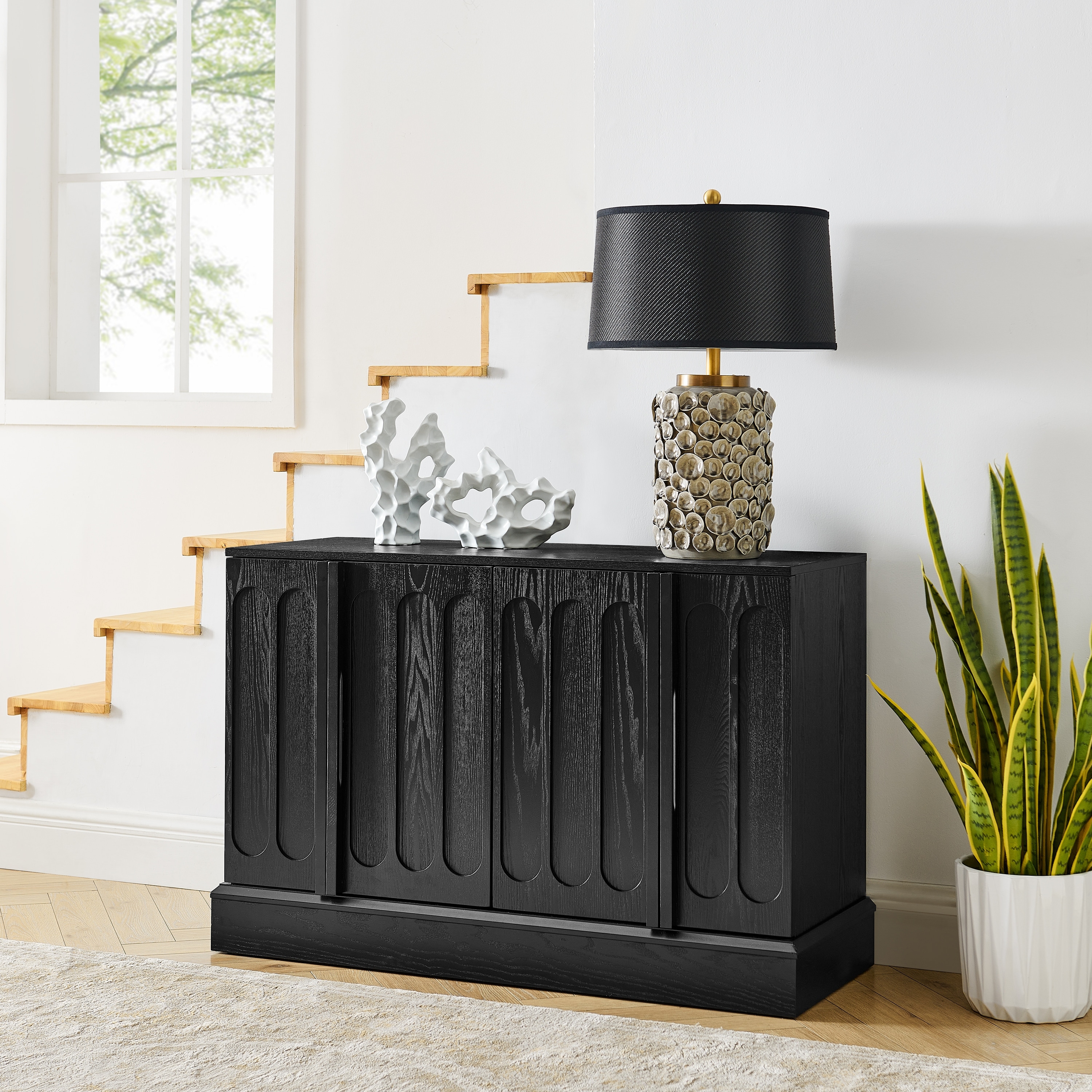Mid-Century Modern Wooden Fluted Sideboard Cabinet with Adjustable Shelves and Outlet Holes by GDFStudio