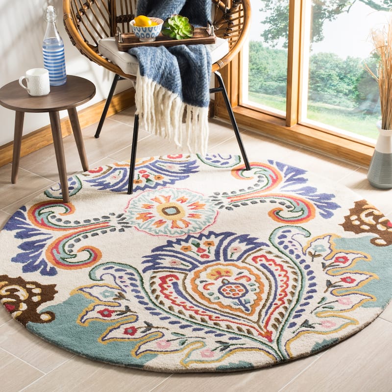 SAFAVIEH Handmade Bella Manjulata Floral Wool Rug - 3' Round - Ivory/Teal