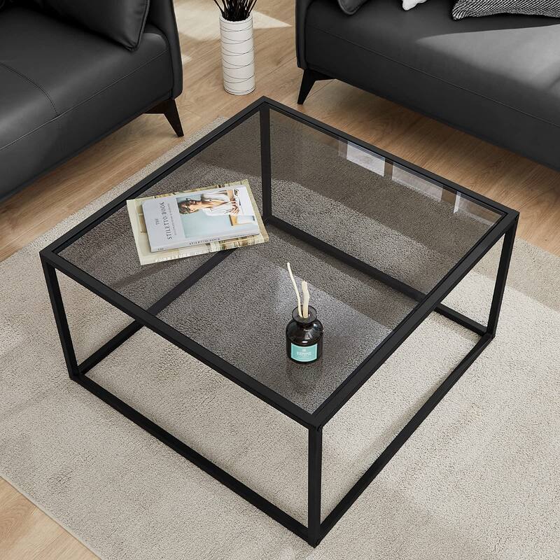 Coffee Table Glass Modern Coffee Tables for Small Space Simple Square Center Table, 26.7 x 26.7 x 15.7 - Gray