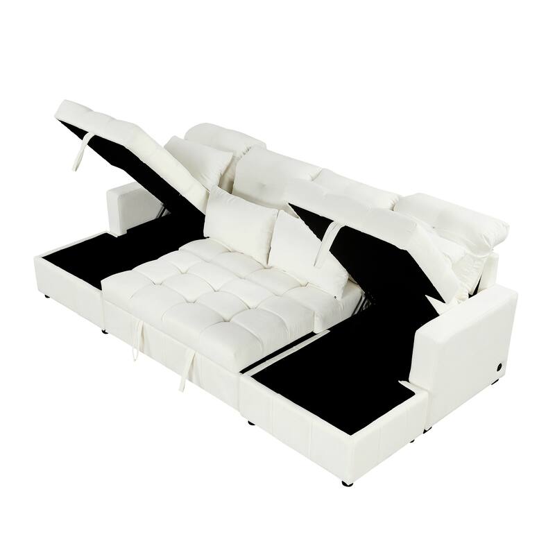 110.2" Oversized U-shaped Sectional Sofa Bed, Double Storage, 2 USB Ports, Beige Chenille for Living Room