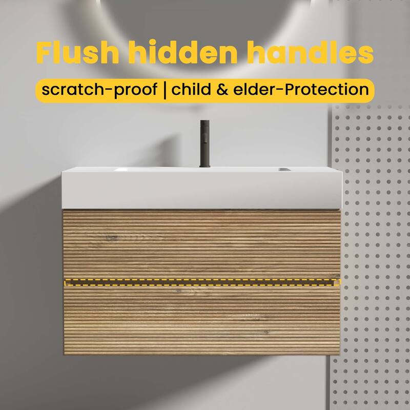 GDFStudio - Grace Wall-Mounted Bathroom Vanity with Engineered Quartz Sink & Soft Close Drawers, without Drainage and Faucet