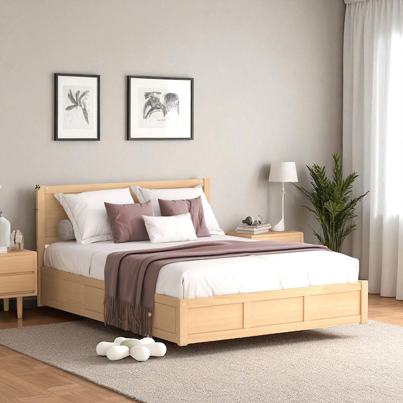 Full/Queen Size Wood Platform Bed with Headboard, 2 Drawers, Extra Storage Space & Sturdy Slats