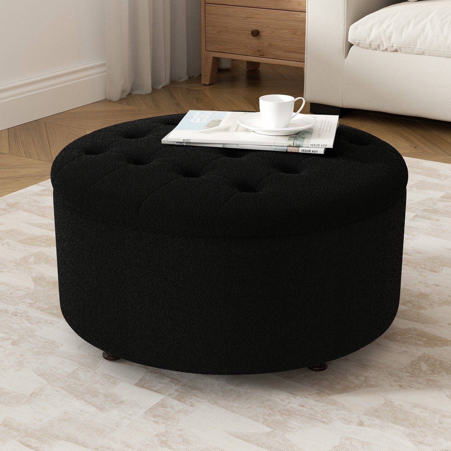 HOMYKA Linen Tufted Round Storage Ottoman Upholstered Foot Rest