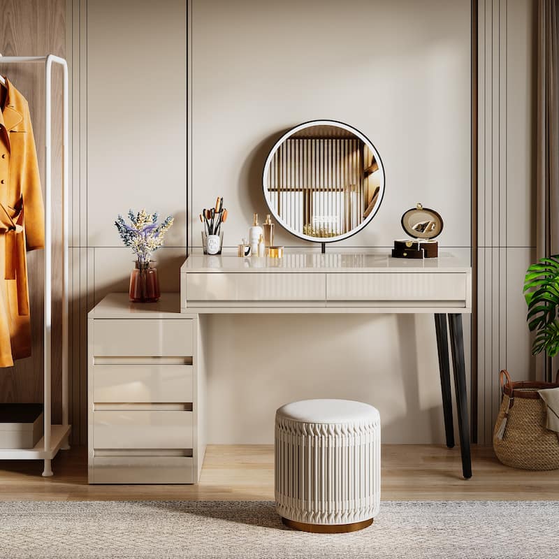 Reversible Vanity Desk with 5 Drawers, Glossy White Dressing Table