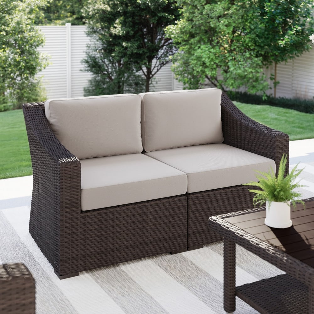 Martha Stewart Outdoor Modular Rattan Wicker Loveseat with All-Weather Cushions - 58"W x 32"D x 30"H