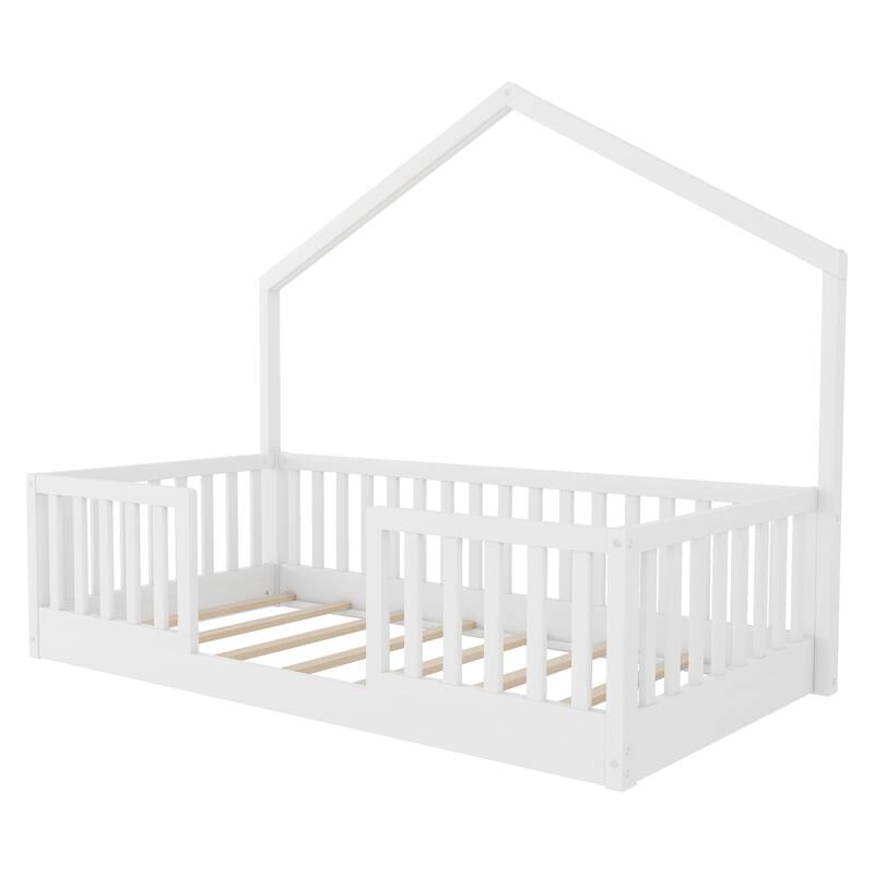 Wooden Floor Bed House-shaped Frame, Montessori Floor Bed with Light and High Rails, Wood Slat Support Floor Daybed
