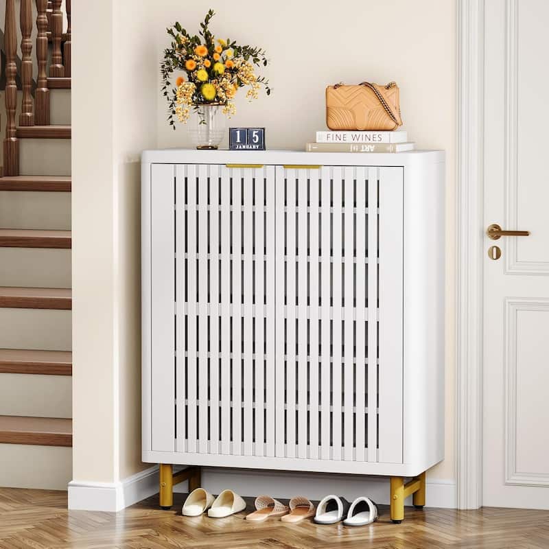 Wooden Shoe Cabinet with Shutter Doors, Adjustable Shelves Large Hidden Storage Organizer Rack for Entryway Hallway