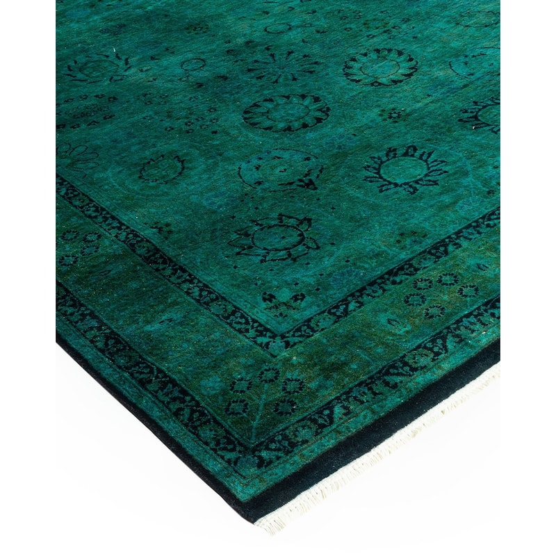 Overton Hand Knotted Wool Vintage Inspired Modern Contemporary Overdyed Green Area Rug - 4' 0" x 15' 0"