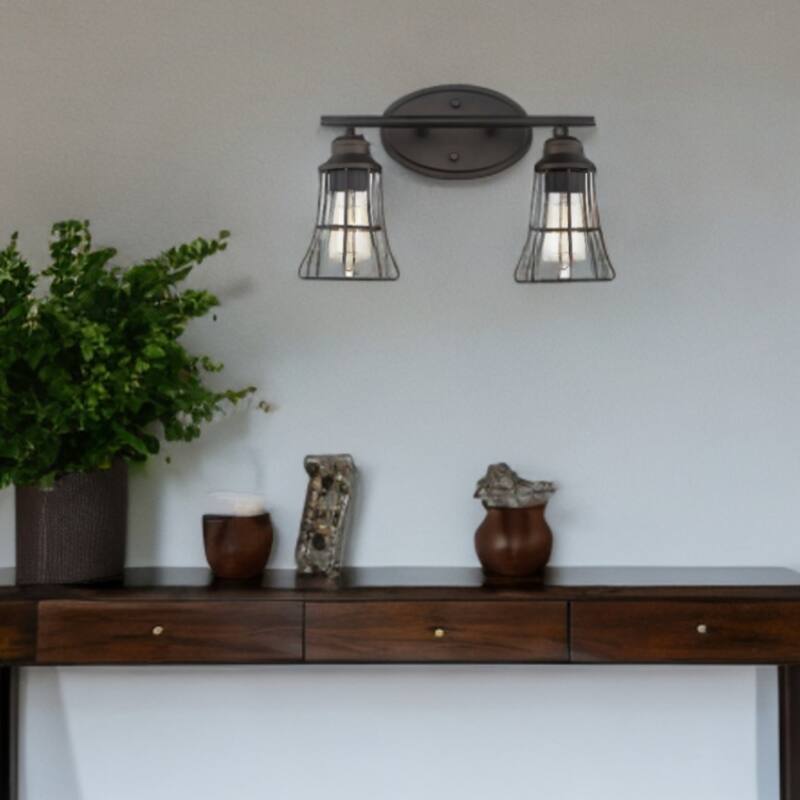 2-Light Hardwired Flush Mount Bronze Wall Sconce with and Damp Rated Fixture for Bathroom or Hallway - 9.25"H x 15.5"W x 6.25"D