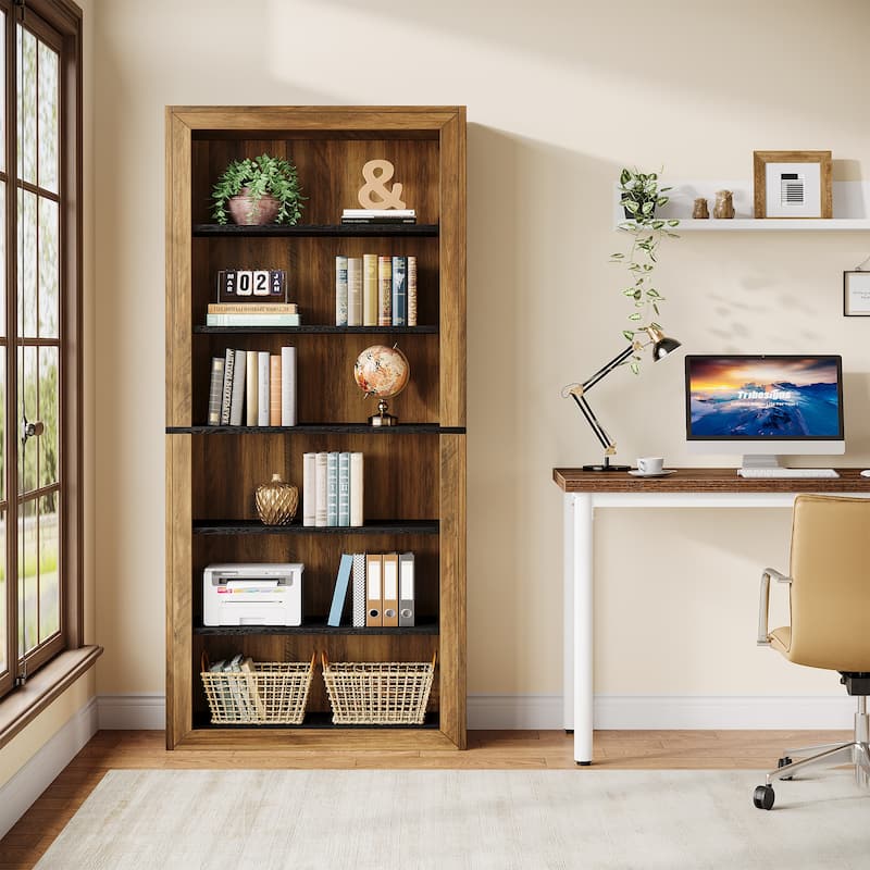 74.4'' Tall Bookcase with Storage Shelves, 6-Tier Wood Bookshelf