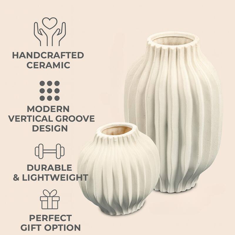 ARIA HOME White Vertical Grooved Modern Ceramic Table Vase Set of 2
