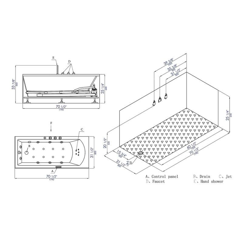 Eago 71" Three Wall Alcove Acrylic Whirlpool Tub with Left Drain,