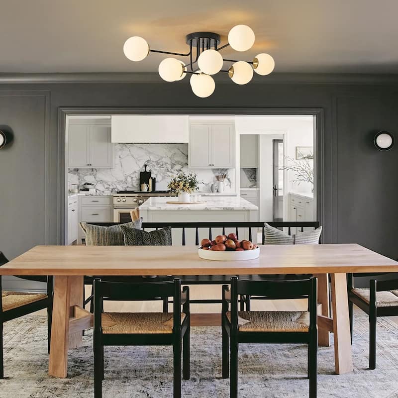 Linear Frosted Glass Globe Sputnik Semi Flush Ceiling Light - Black Brass