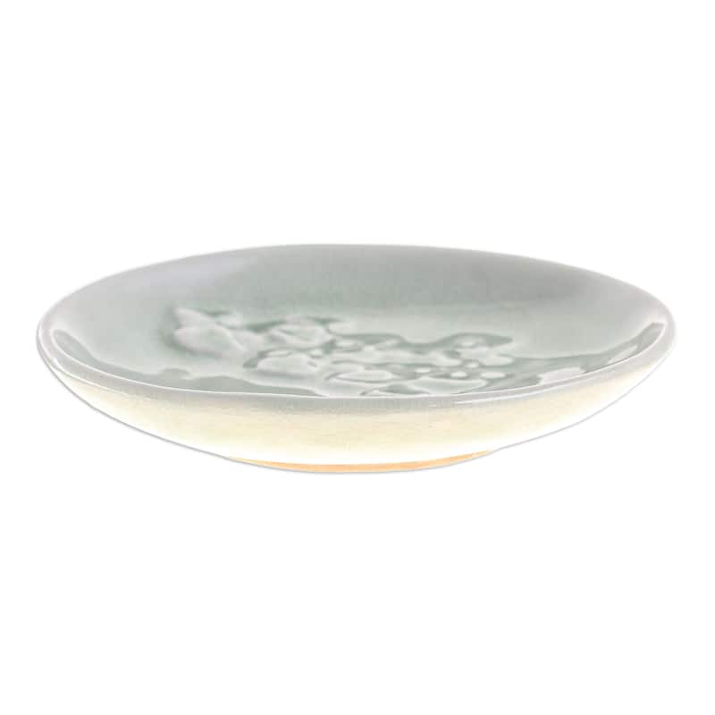 Novica Handmade Orchid Bouquet Celadon Ceramic Dessert Plate
