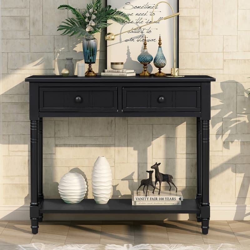 Narrow Console Table, Traditional Pine Wood Design with 2 Drawers and Bottom Shelf for Living Spaces - Black