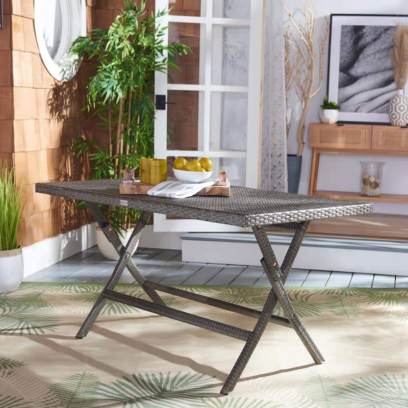 SAFAVIEH Outdoor Kadence Folding Table with Umbrella Hole - 55Wx31Dx28H - Grey Brown/White