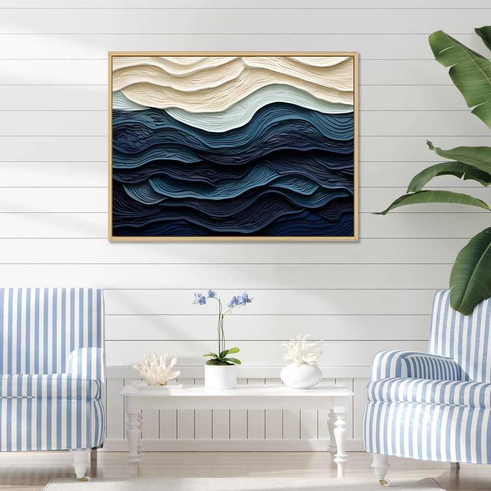 Designart "Blue And White Coastal Wave S Edge" Coastal Minimalism Blue Wall Decor Coastal Living Room Framed Canvas Art