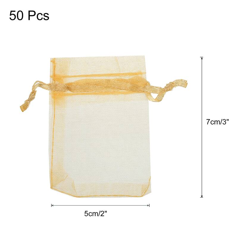 50pcs Organza Bags Drawstring Favor Pouches Sheer Mesh Bag for Wedding - Gold - 2 inch x 3 inch