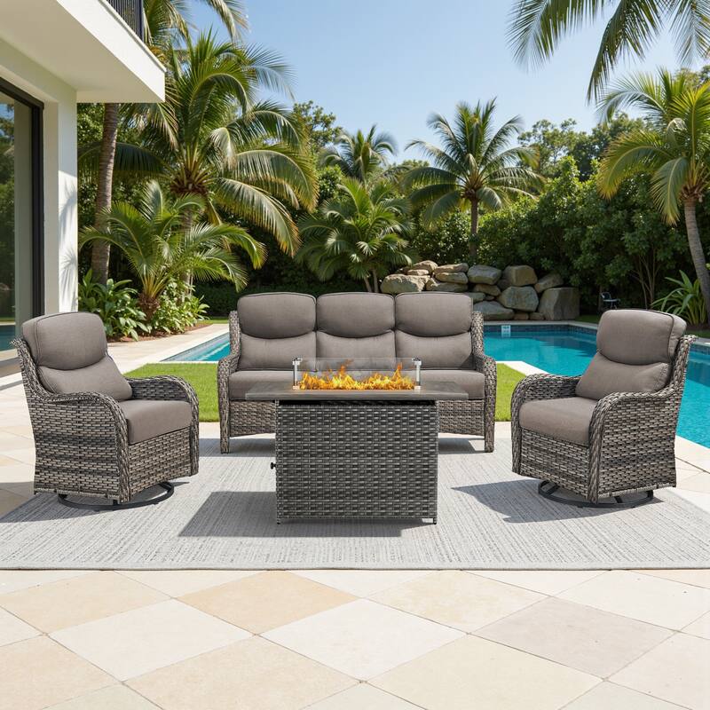Meyreso 4-Piece Outdoor Patio Wicker Fire Pit Conversation Set with 5-Inch Thick Olefin Cushions