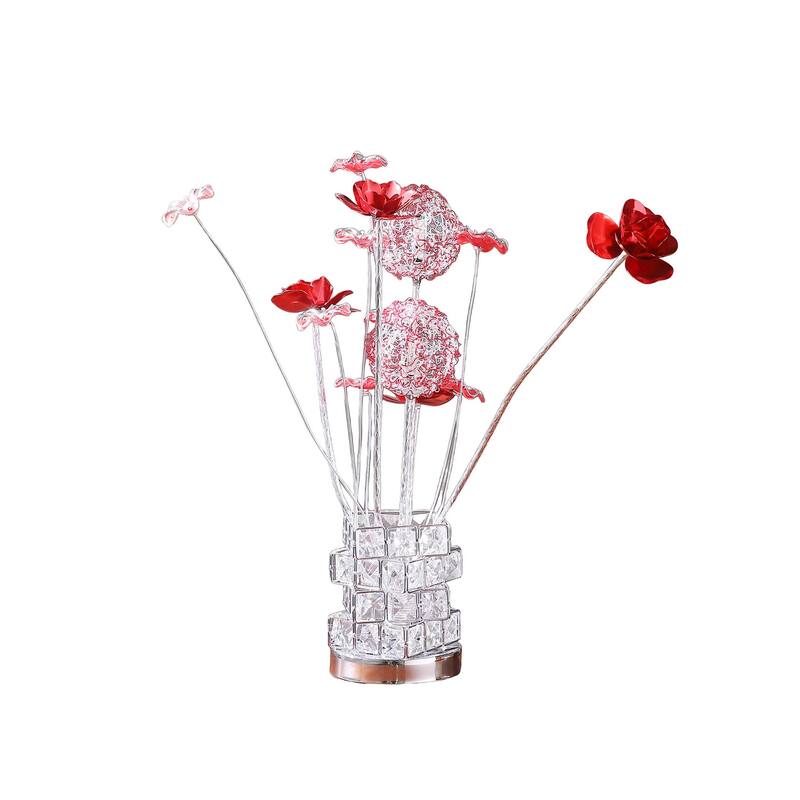Accent Table Lamp, LED, Red Roses, Crystal Square Vase, Chrome 21 Inch