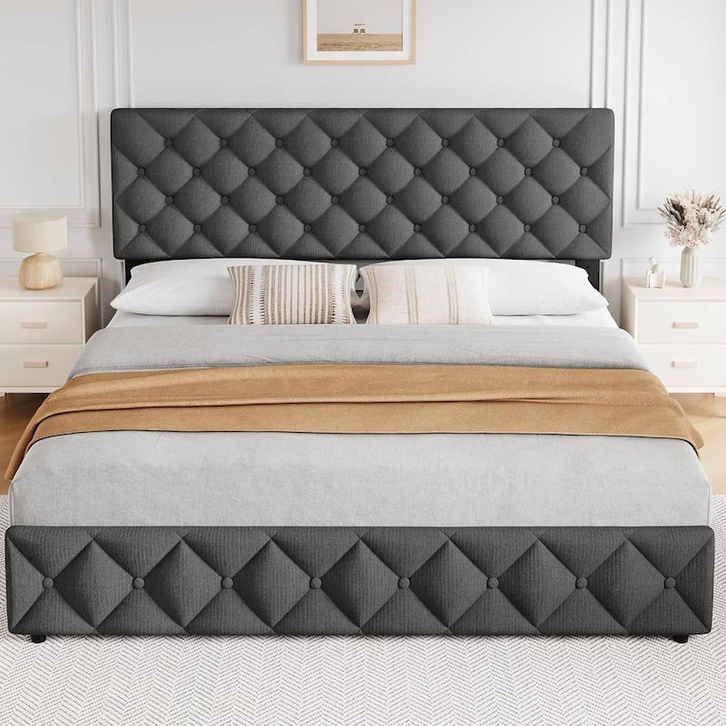 Bed Frame with 4 Storage Drawers and Adjustable Headboard - Grey - King