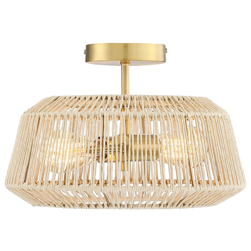 2-Light Rattan Semi-Flush Mount Ceiling Light - 14 in W - 14 in W