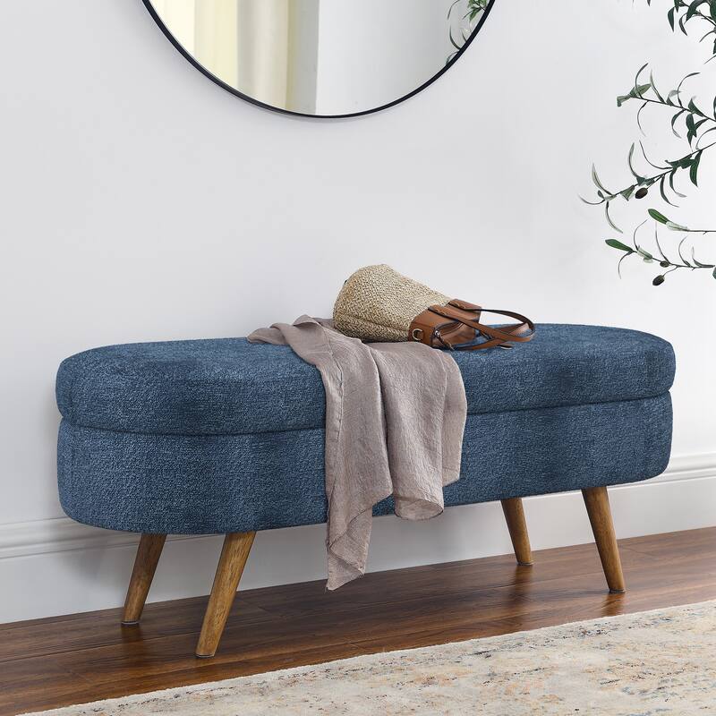 Oval Storage Ottoman Bench, Decorative End of Bed Bench 43.5 Inches Upholstered Storage Ottoman with Solid Wood Legs - Dark Blue