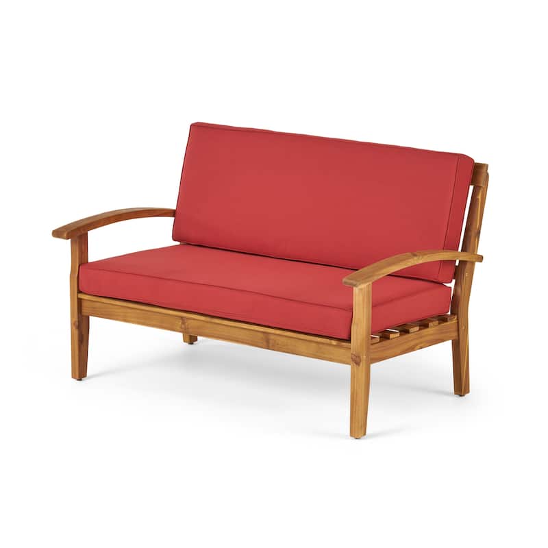 Peyton Outdoor Cushioned Acacia Wood Loveseat and Table Set by Christopher Knight Home