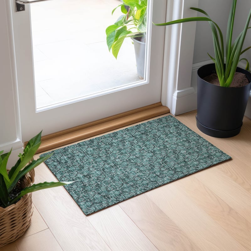 Machine Washable Indoor/ Outdoor Chantille Modern Floral Impressions Rug - Teal - 1'8" x 2'6"