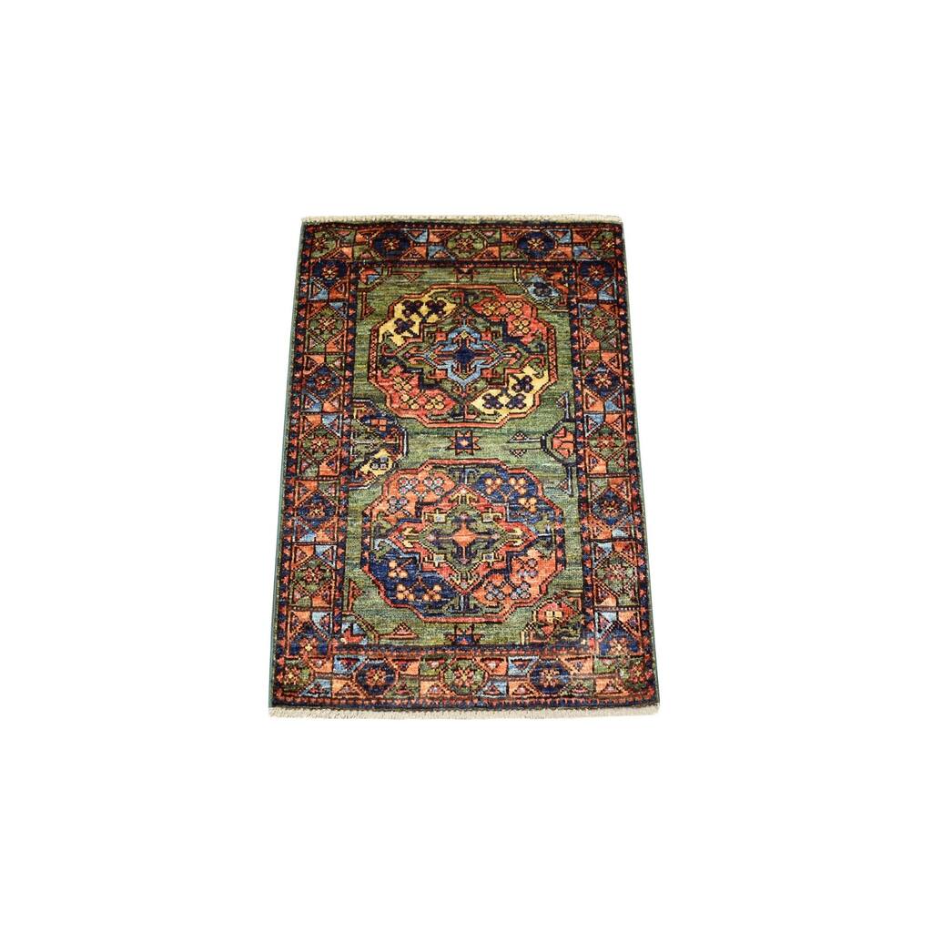 Hand Knotted Green Tribal & Geometric with Wool Oriental Rug (2' x 2'10") - 2' x 2'10"