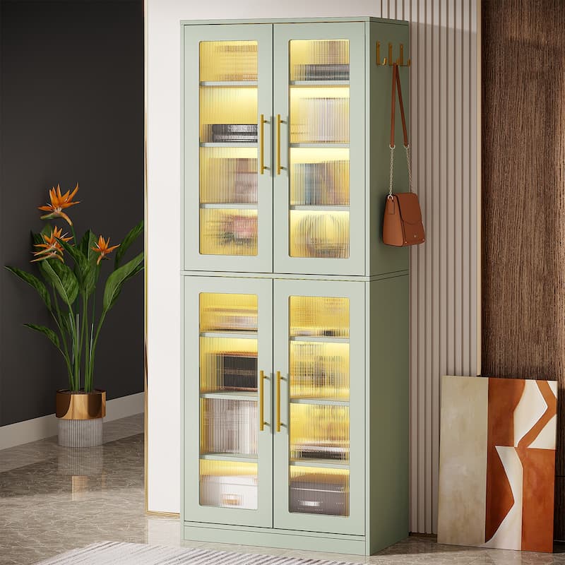 8-tier Modern Tall Bookcase Bookshelf with Doors and LED Light